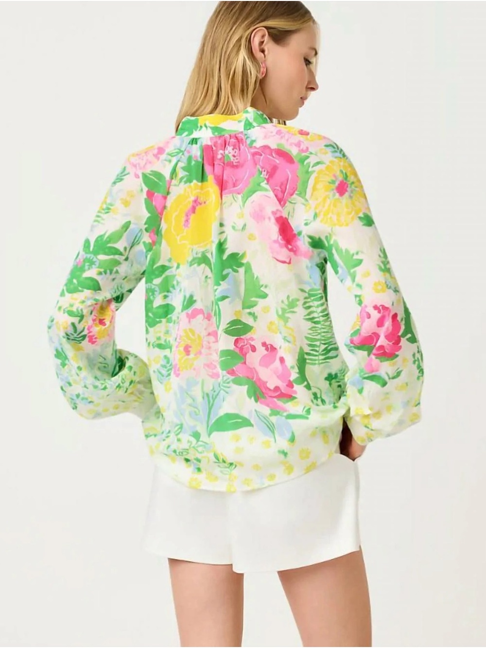 Lilly Pulitzer Floral Balloon-Sleeve Blouse in White, Green & Pink - Picture 3 of 9